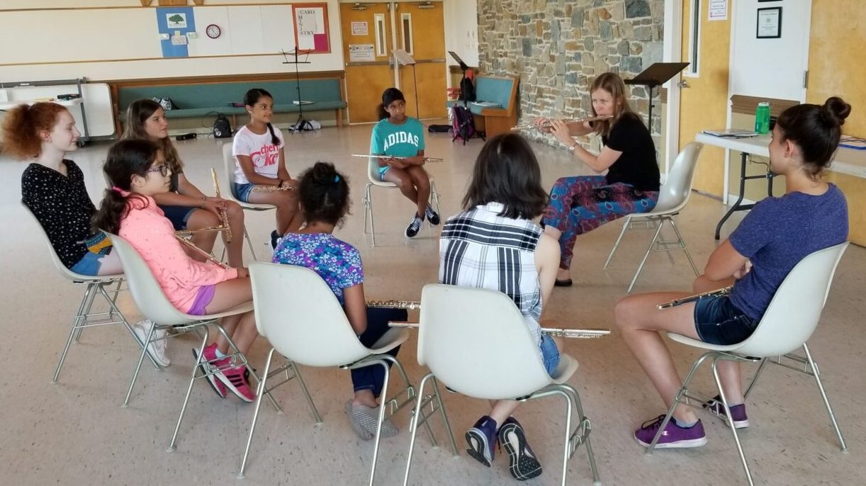 Carrie Rose teaches extended techniques to Howard County middle school flute camp students