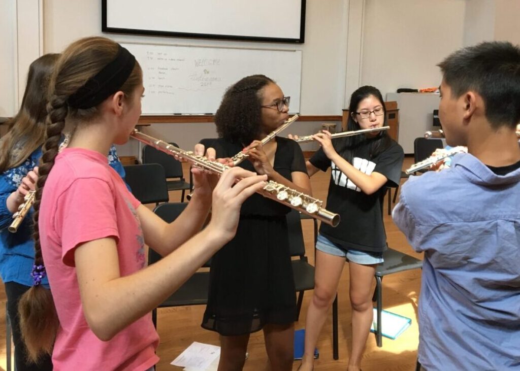 Takoma Park Flute-a-rama flute camp students warming up for rehearsal